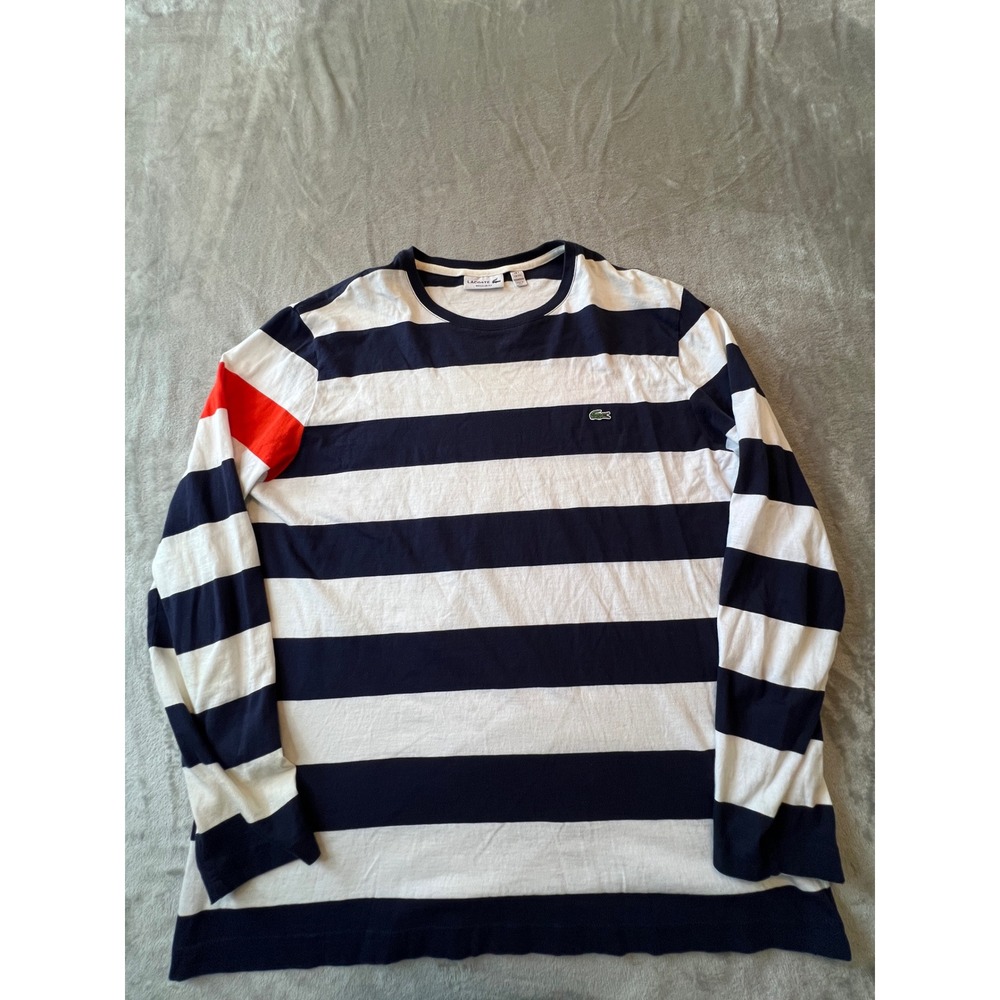 Lacoste T-Shirt Mens XXL Navy Blue White Striped Long Sleeve Regular Fit